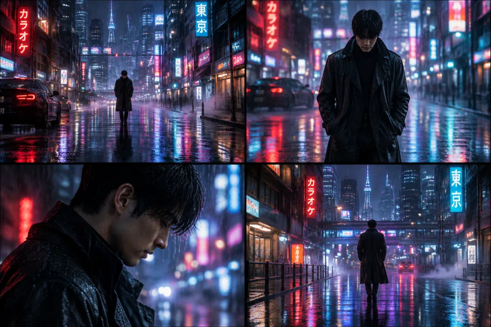 东京霓虹雨夜独行男(摄像机聚焦)的分镜预览