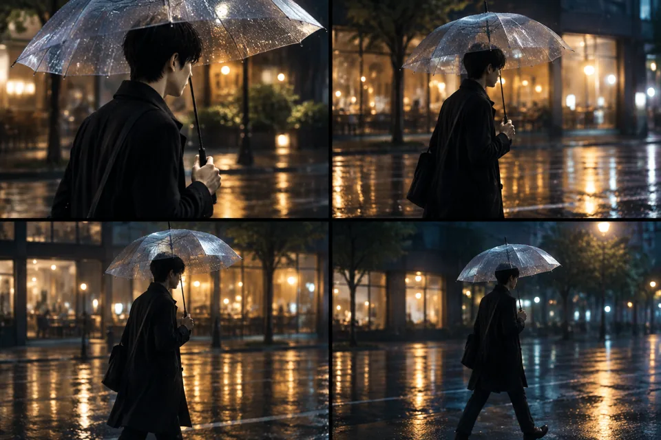 雨夜街头跟拍的分镜预览