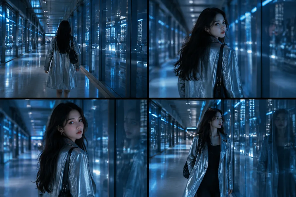 银衣女子玻璃走廊（Runway 官方样板）的分镜预览