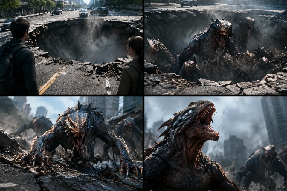 VFX 路面塌陷怪物涌出的分镜预览