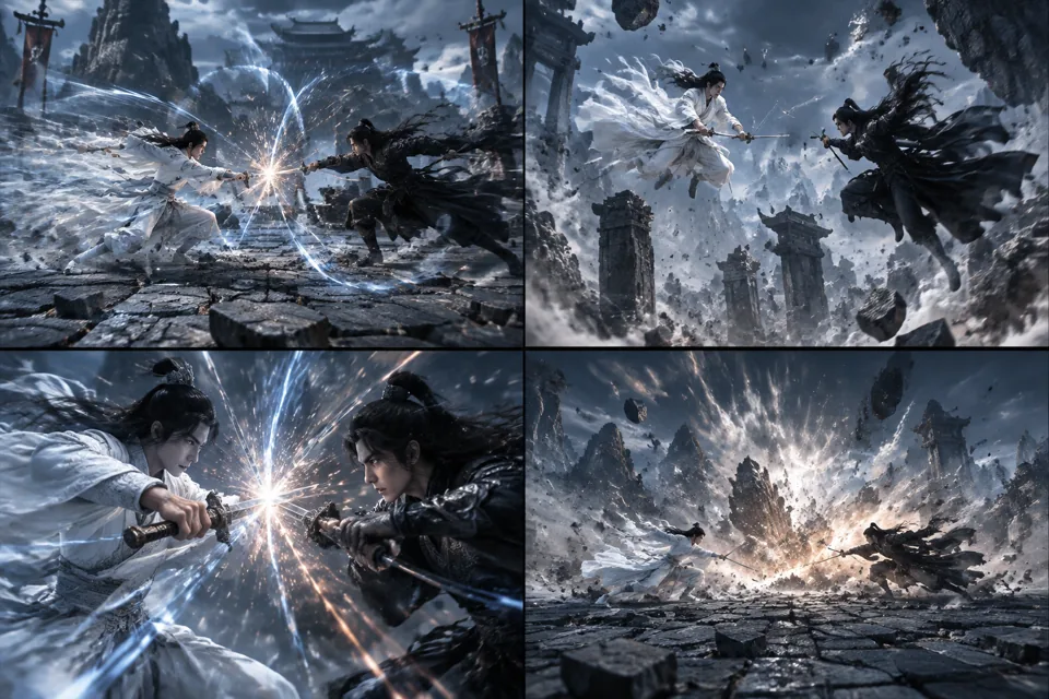 武侠对决：白衣 vs 黑衣（三分镜）的分镜预览