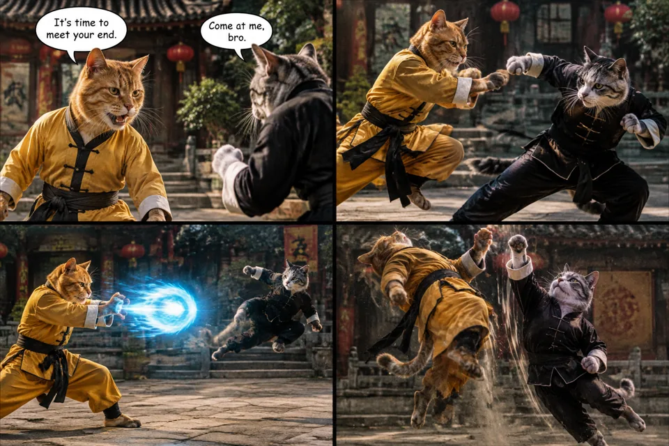 双猫功夫对决 — 港式复古武打风格(无时间戳多镜头)的分镜预览