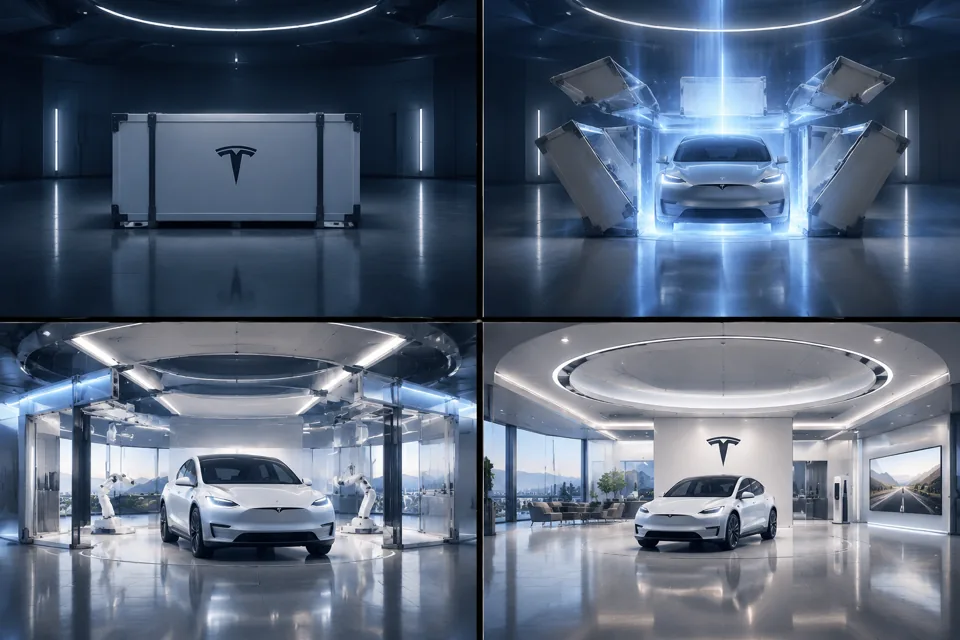 Tesla品牌箱子魔法展示厅视频提示词的分镜预览
