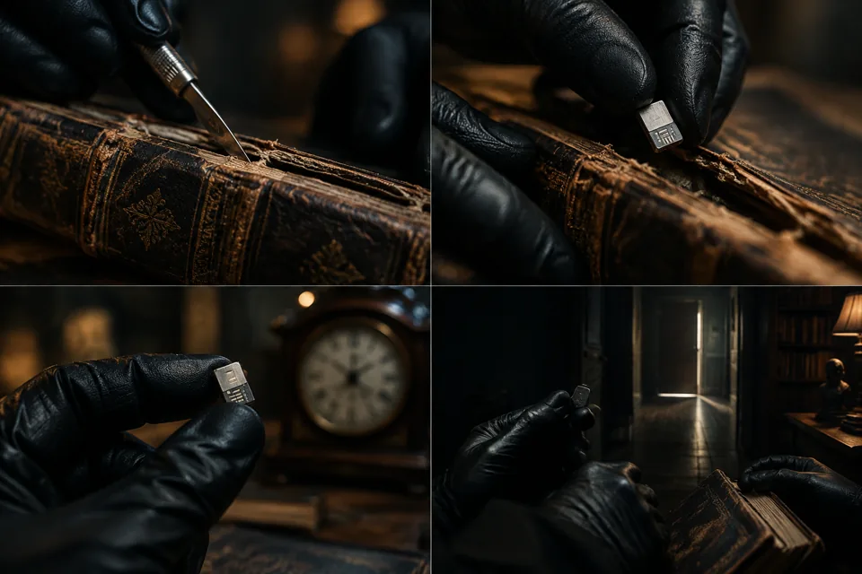 古籍藏匿数据芯片（手部特写动作）的分镜预览